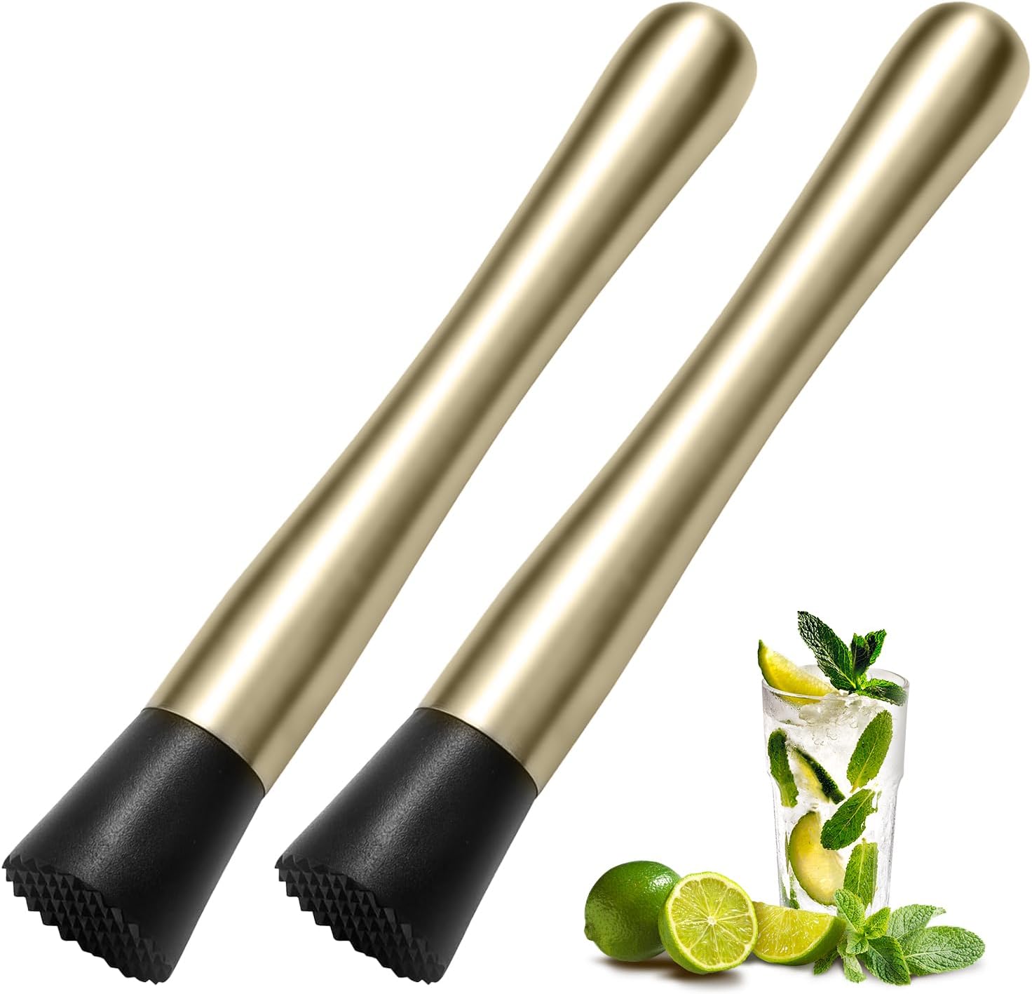2Pcs 8 Inch Stainless Steel Cocktail Muddler and Mixing Spoon Home Bar Tool Set - Create Delicious Mojitos Old Fashioned/Mint Julep/Other Fruit Based Drinks (Gold)