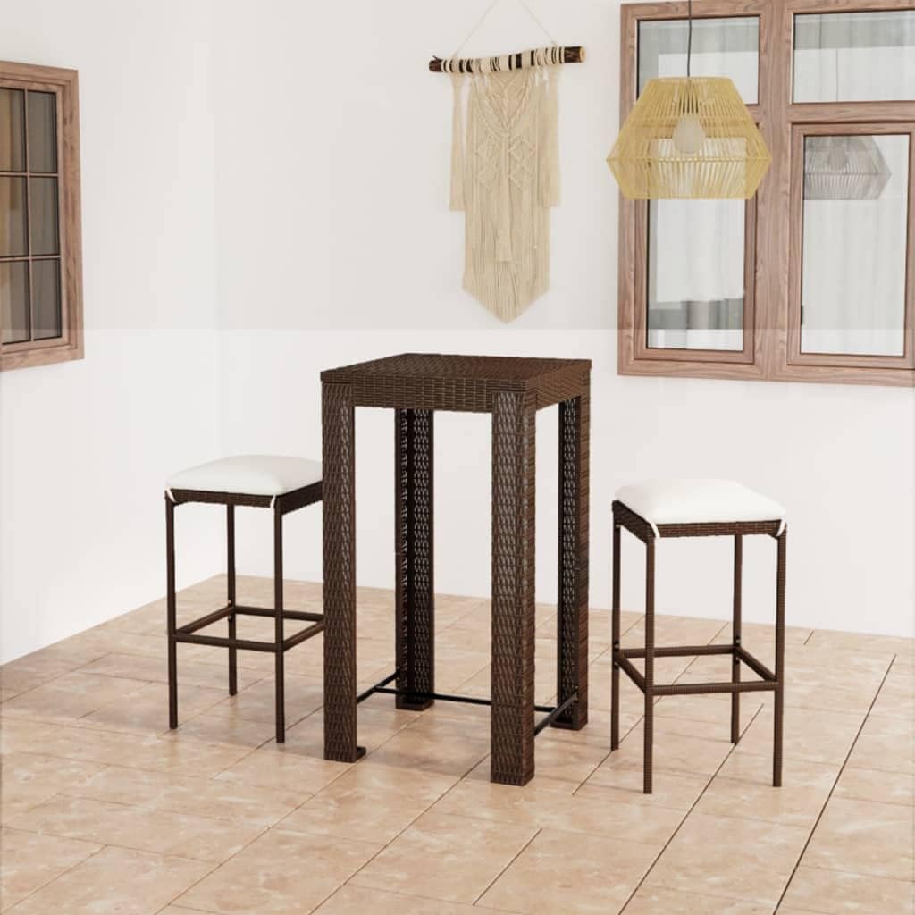 3 Piece Brown Poly Rattan Garden Bar Set with Cushions, Steel Frame Patio Furniture, Outdoor Dining Table and Stools for Backyard, Weather-Resistant PE Wicker Seating Set