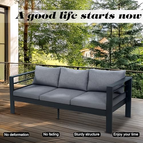 Hoffeorrad 3-Seater All-Weather Iron Patio Sofa with Cushions - Heavy-Duty Metal Outdoor Sectional Couch for Garden, Poolside & Backyard (Modern Rust-Resistant Design) - Image 4