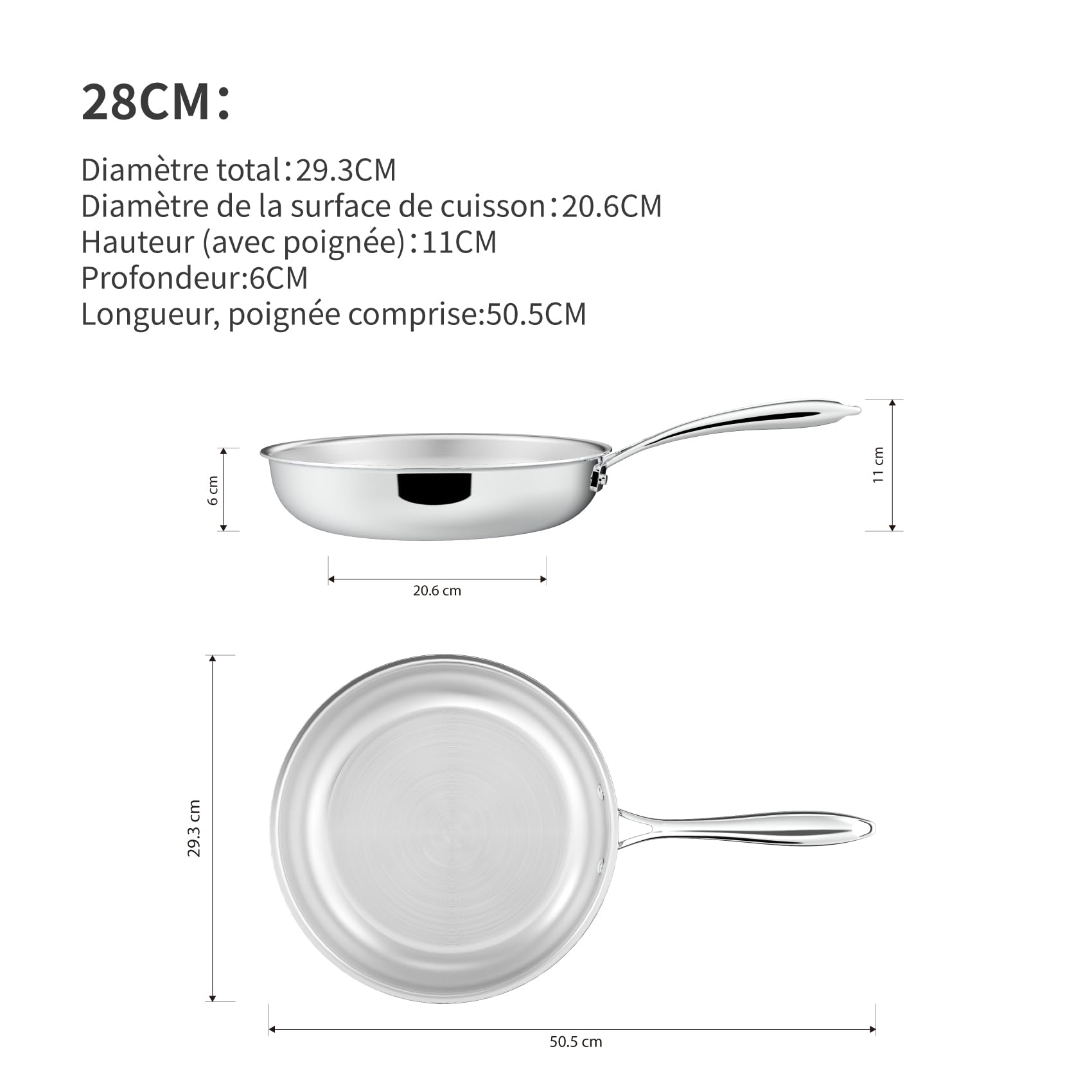 Lot de poêles à frire 5 couches acier inoxydable, 24 cm et 28 cm