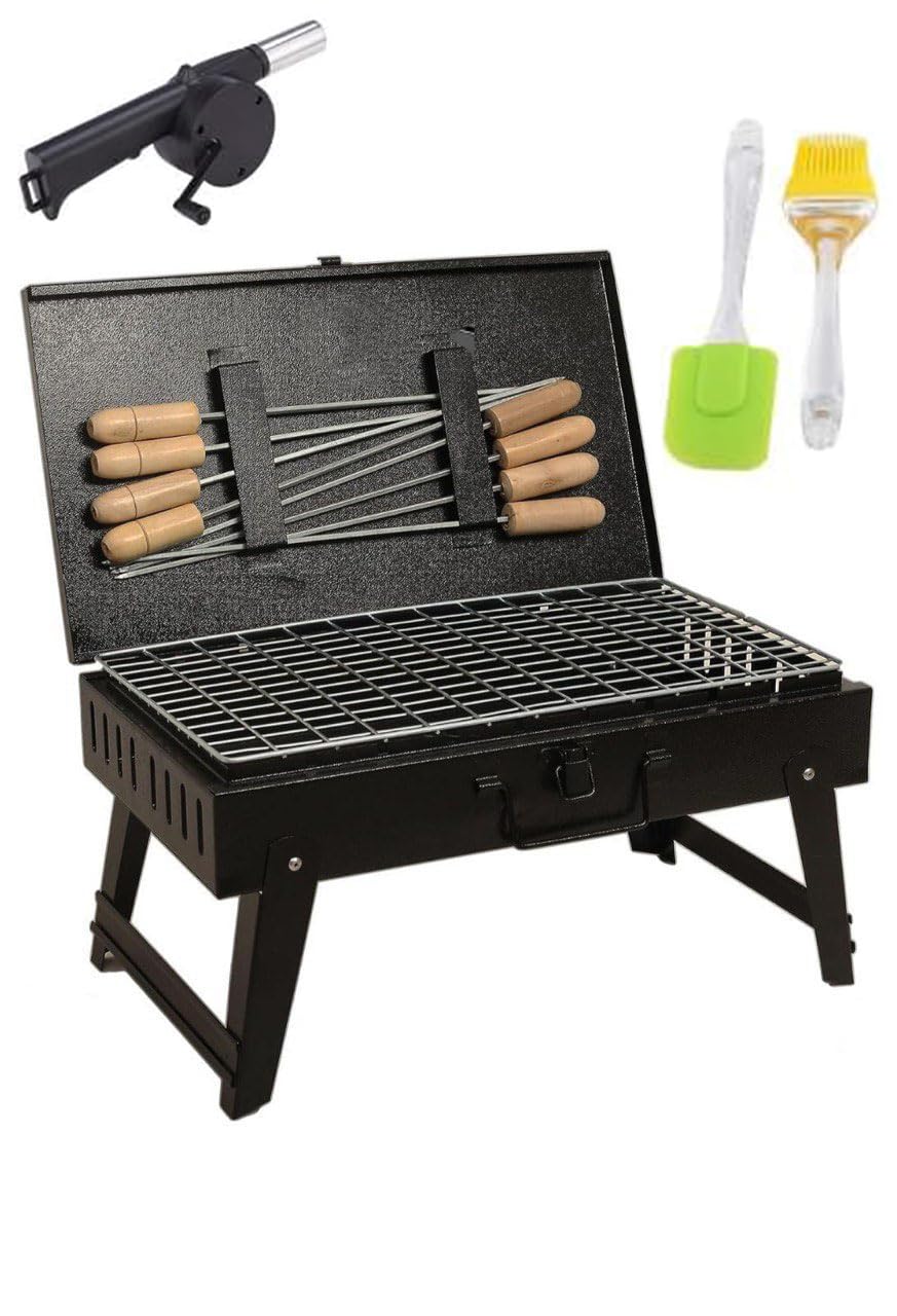 Portable Barbecue Grill Folding BBQ Grill, (2 Spatula, 1 BBQ, 8 Skewers, 1 Air Blower) Barbeque Grill, Outdoor Grill Tools for Camping Hiking Picnics Traveling - BLACK (BBQ3)
