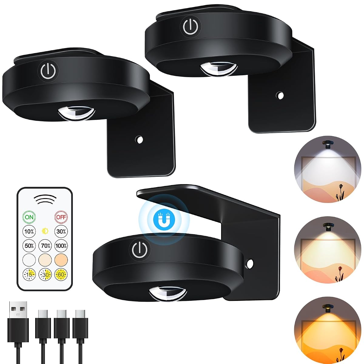 WILLED Picture Lights, 1200mAh Rechargeable, Dimmable & Timer, Narrow Beam,