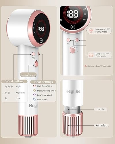 Miniatura 9 de Secador de pelo, 130000 RPM de alta velocidad sin escobillas, con motor de plasma de iones de plasma AI con difusor para secado rápido, Professonal