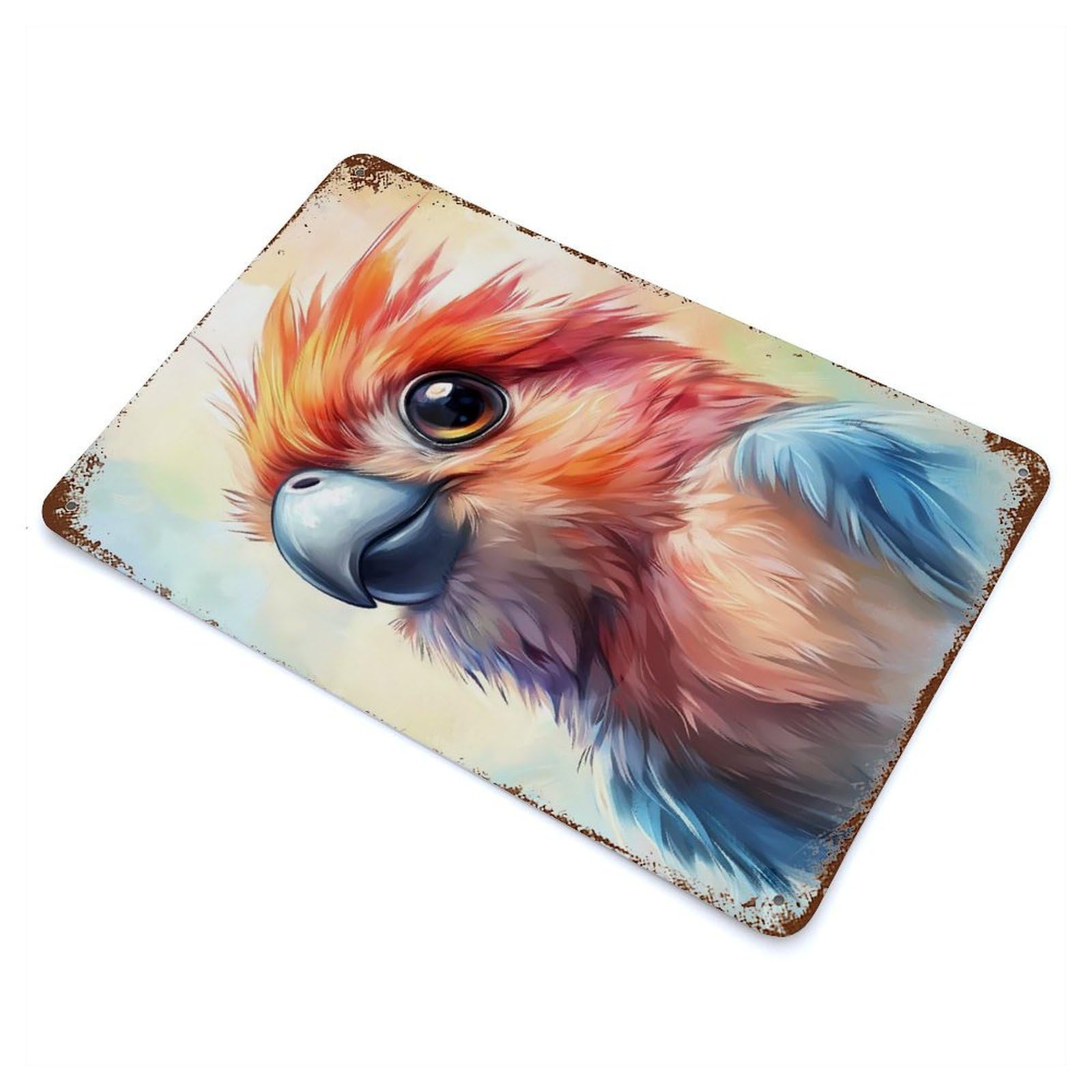 Rustic Tin Plaque Cute Watercolor Parrot 11.8"x7.9", Rustic Home Decor for Office, Studio And Wall Decor