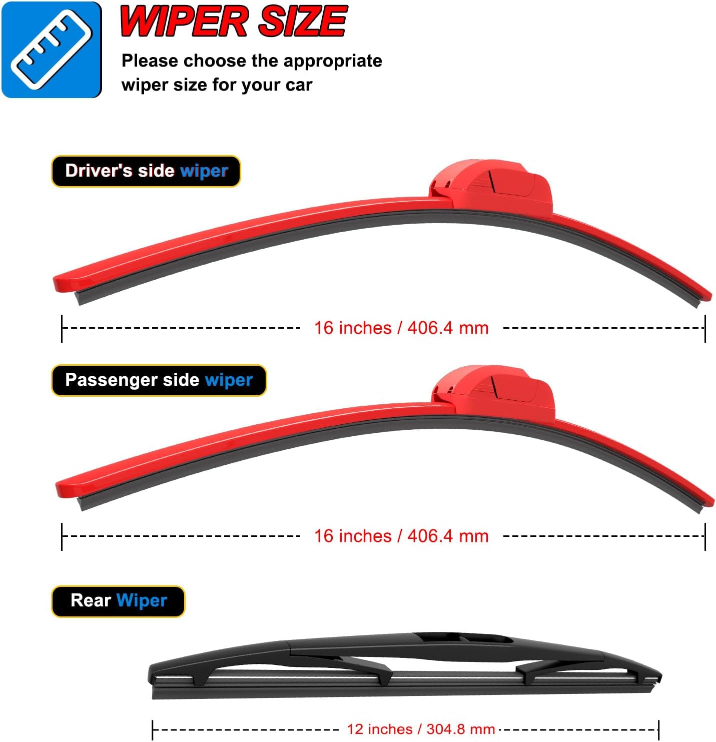 Windshield Wipers-16 Inch+16 Inch+12 Inch Replacement for 2018 2019 2020 2021 2022 2023 2024 Jeep Wrangler Wiper Blades for My Car,Quality Front Red Windshield Wiper Blades(Set of 3)