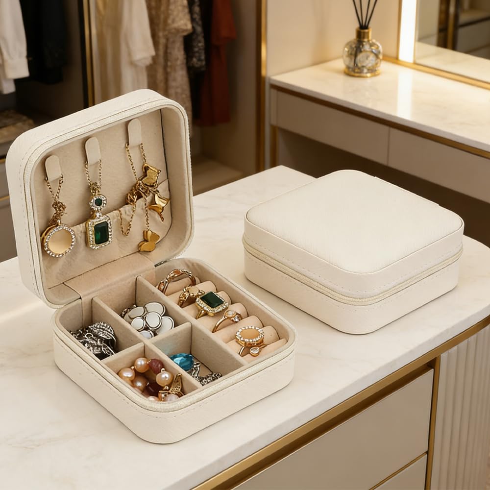 Photo 1 of 1 Piece Portable PU Leather Jewelry Box, Mini Travel Jewelry Organizer, with Zipper & Divided Compartments, for Earrings, Necklaces, Rings Storage & Gift White