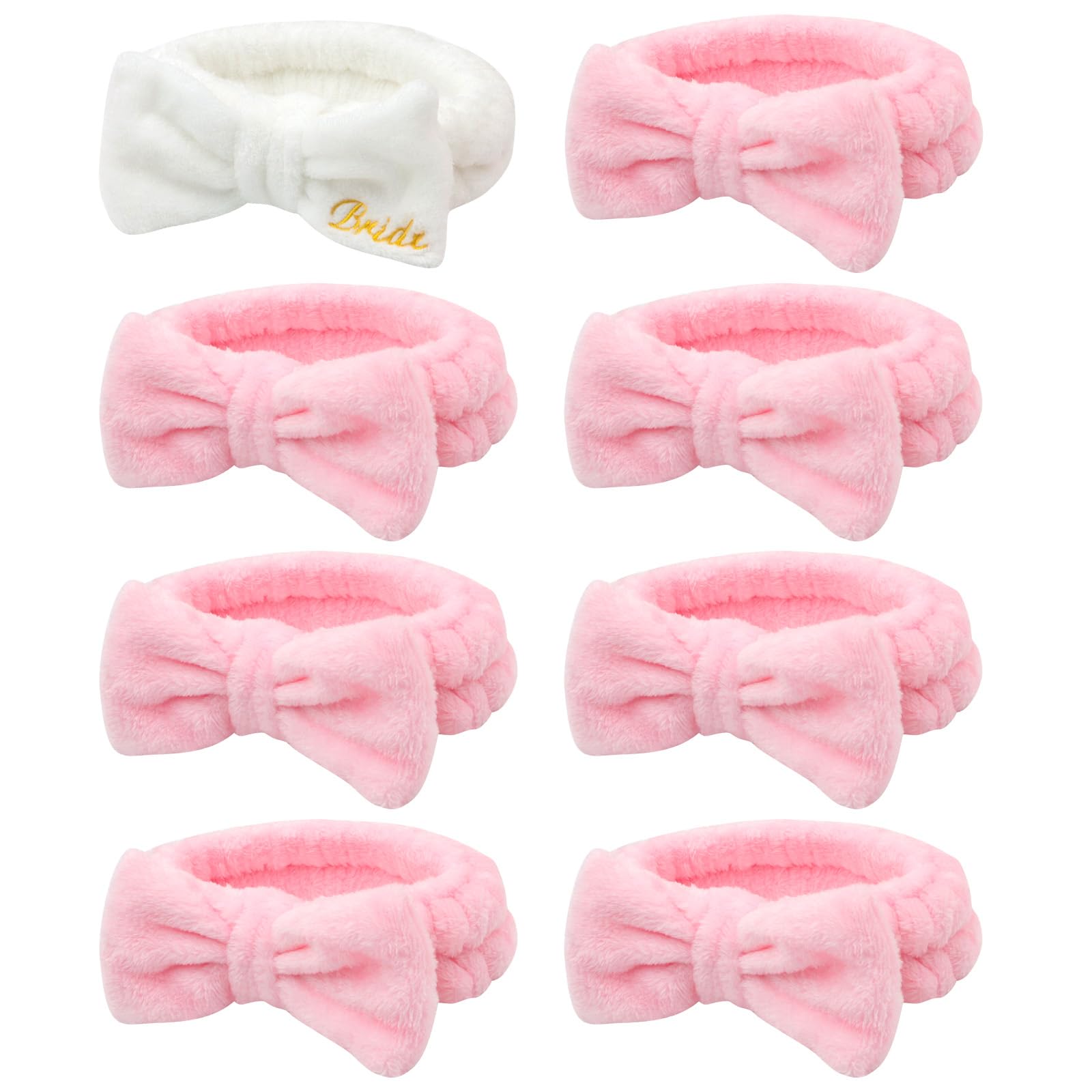 Semato Hairband, 8 Pcs Bachelorette Party Favors Set - 1 Pack Bride White Bow Headband and 7 Pcs Bridesmaid Pink Bow Headband Skincare Headbands for