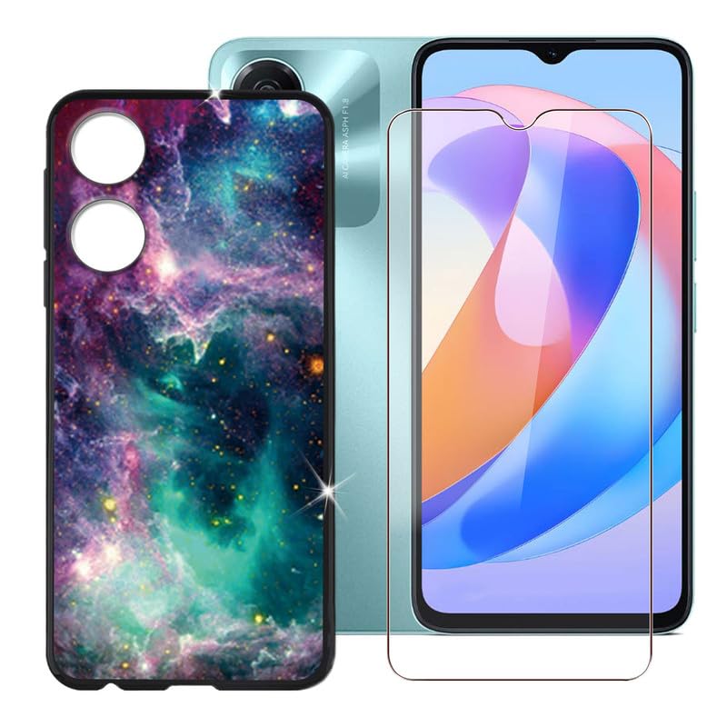 IJTYHF Cover per Honor X5 Plus (6.56 Pollici) Custodia Morbido Silicone Black TPU Phone Case Bumper Shell Skin + Vetro Temperato Protezioni scherm -Lupo e Cielo Stellato -A16
