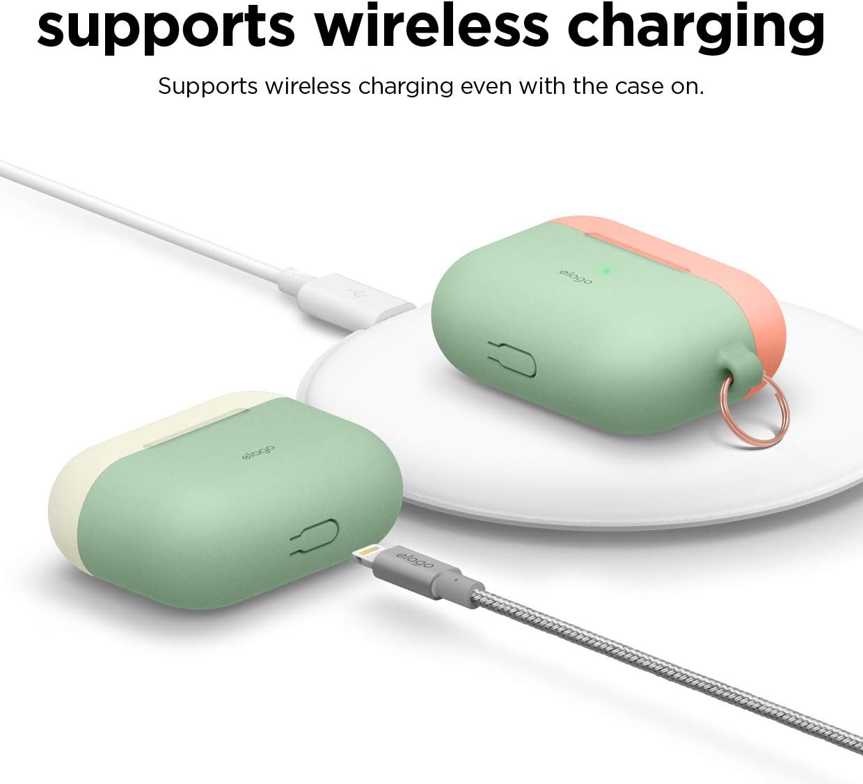 elago Duo AirPods Pro Case with Keychain Designed for Apple AirPods Pro Case Cover, 2 Caps + 1 Body (Front LED Visible) [ Classic White, Peach + Pastel Green ]