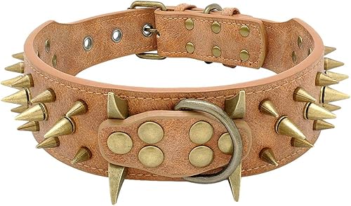 Berry Pet Collar de perro de cuero con púas de 2 pulgadas, remache afilado antimordidas para perros Pit Bull medianos y grandes, cuello marrón para
