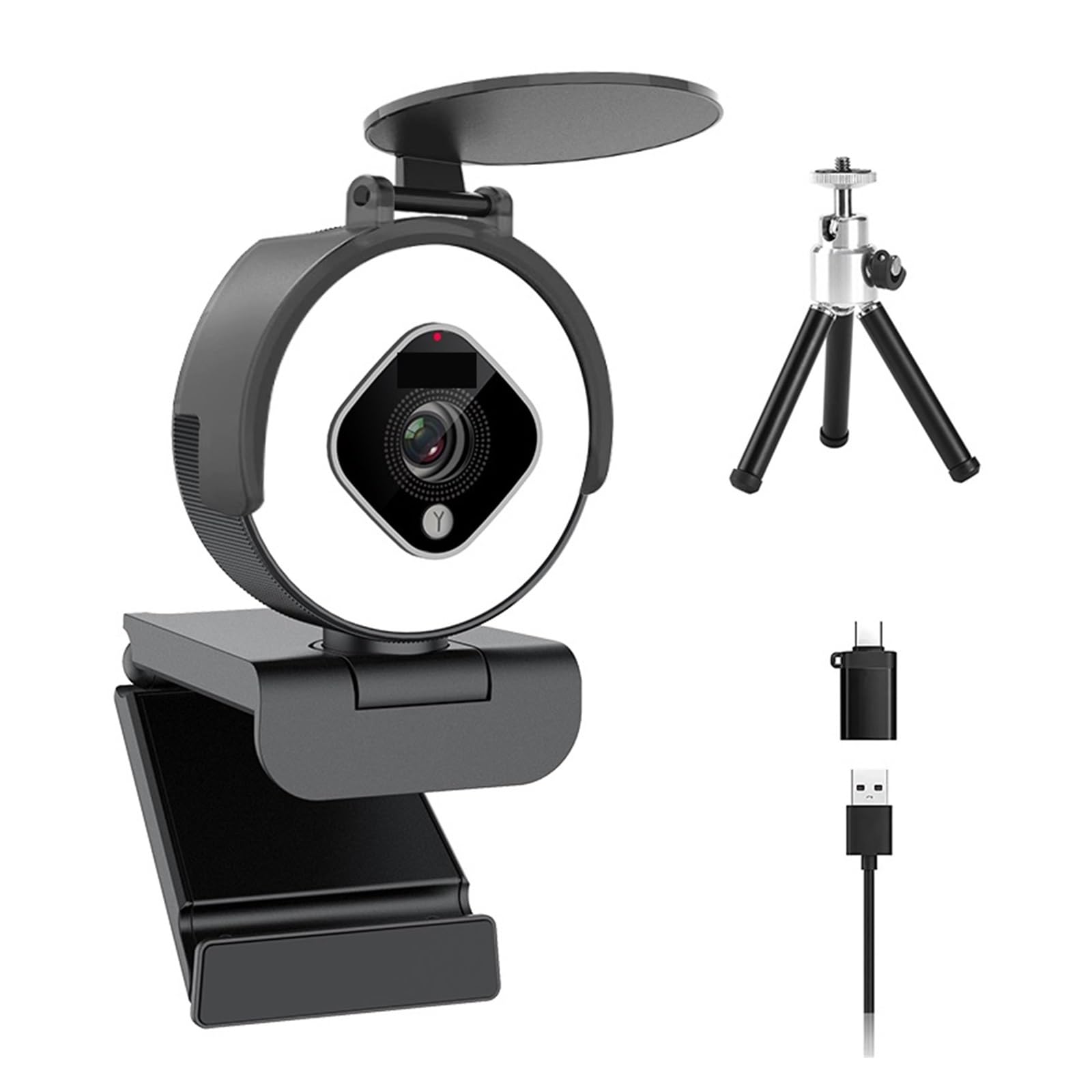 Webcam HD 1080P 60FPS USB Webcam with Ring Light Web Camera with Microphone Privacy Cover Included for Conferencing, Live Streaming, Recording