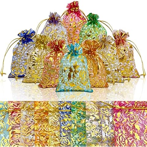 Bnsikun 100pcs Rose Organza Drawstring Gift Bags Organza Wedding Favor Bags 3.5x4.5 Inch Jewelry Pouch Candy Bags for Wedding Christmas Birthday Graduation Party Supplies (Multi) Cover