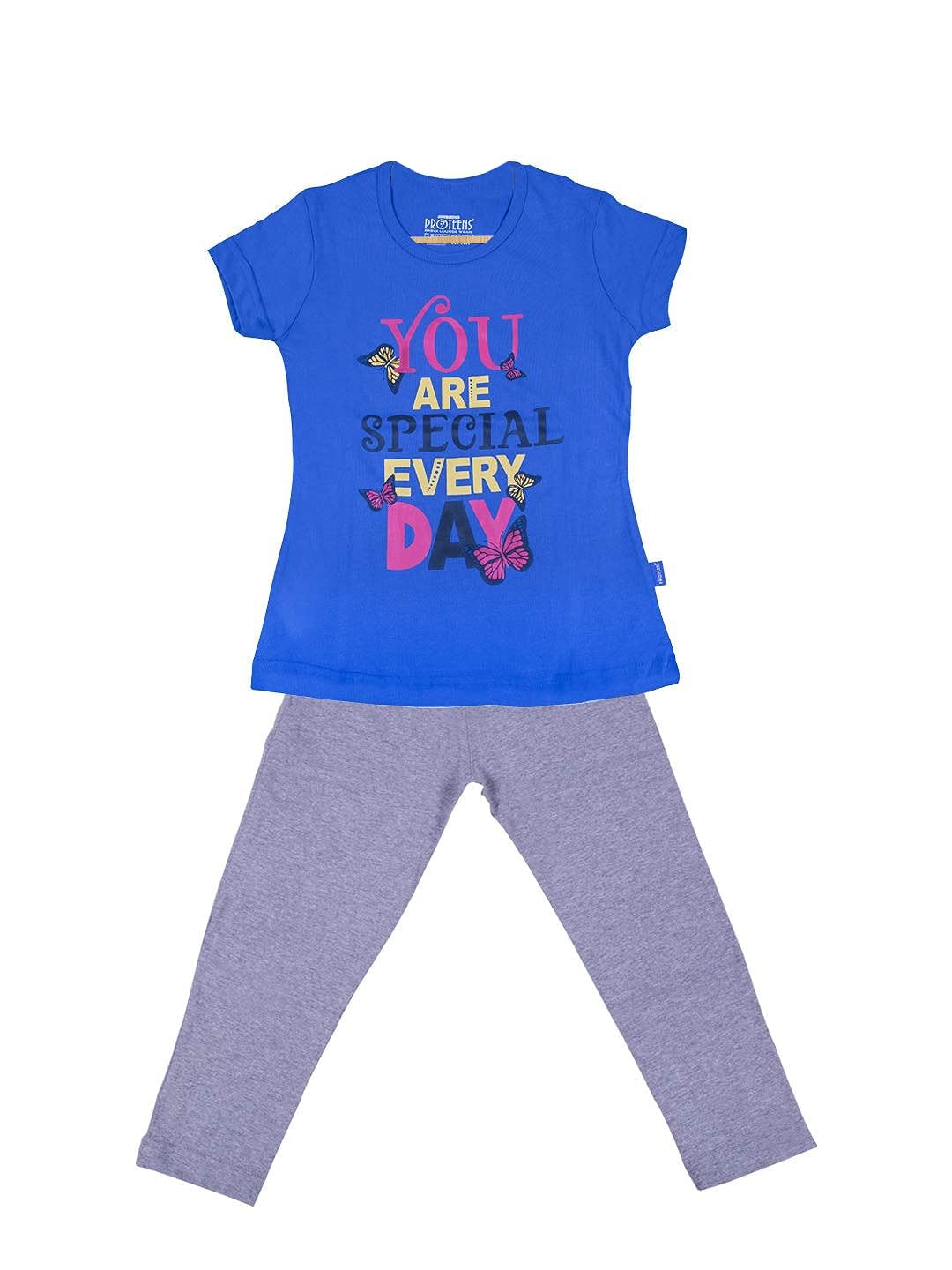 PROTEENSGirls Short Sleeves Blue & Grey Night Suit Set