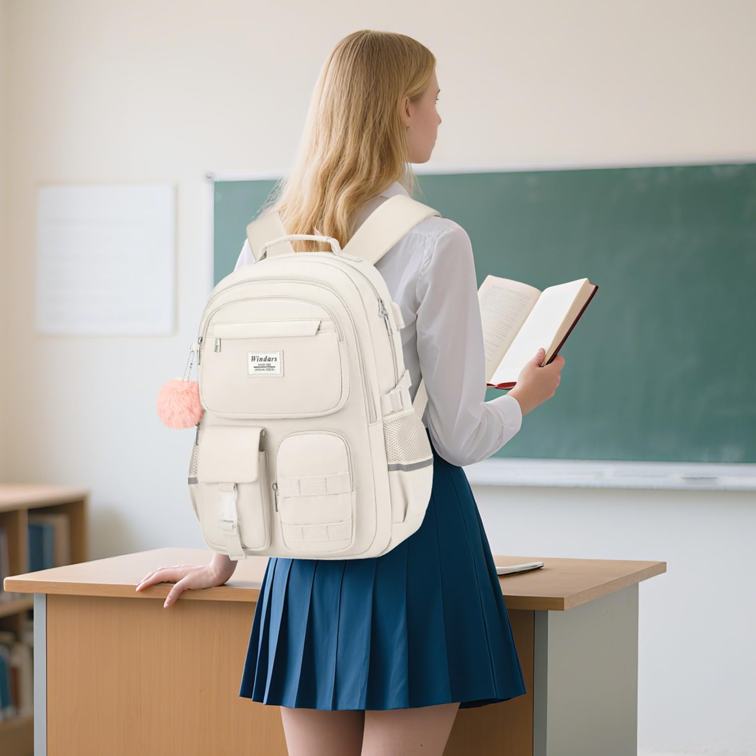 WINDARS School Backpack for Teen Girls, Cute Laptop Backpack for Women Students, Middle High School Bags Aesthetic Bookbag for College Travel Fit 15.6 Inch Laptop (Beige)