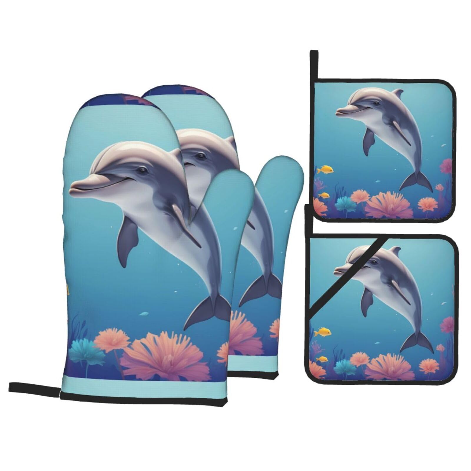 HJFCZH Adorable Dolphin Picture Kitchen Baking Set of 4 Thick Insulated Oven Mitt & Pot Holders, Anti-Scalding for Microwave, Oven, Outdoor BBQ