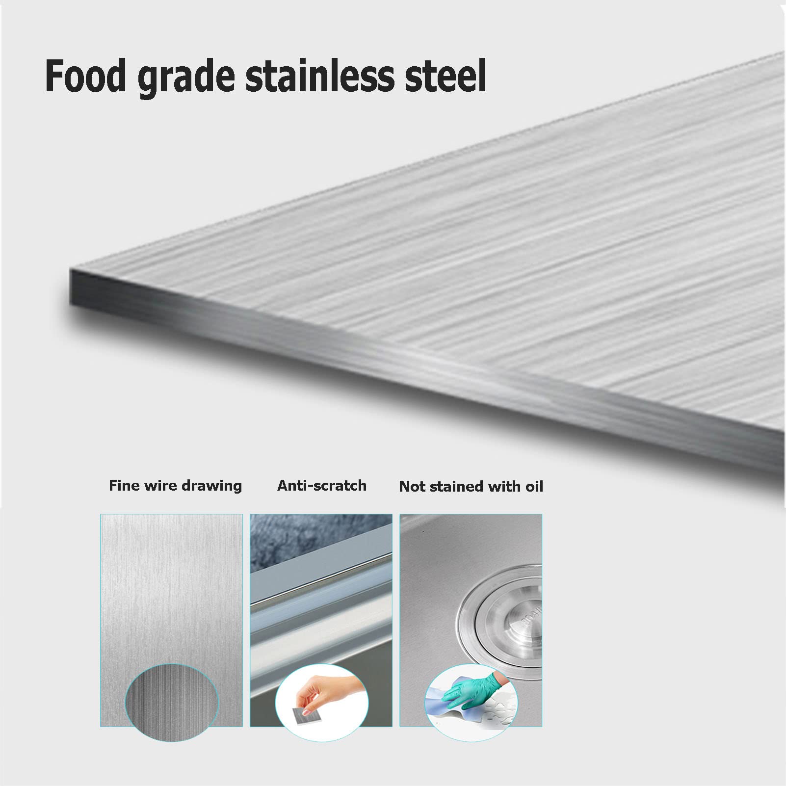 Fregadero de cocina de 50/60cm de un seno, fregadero de acero inoxidable con kit de desagüe (comedor, sótano, garaje, lavandería)
