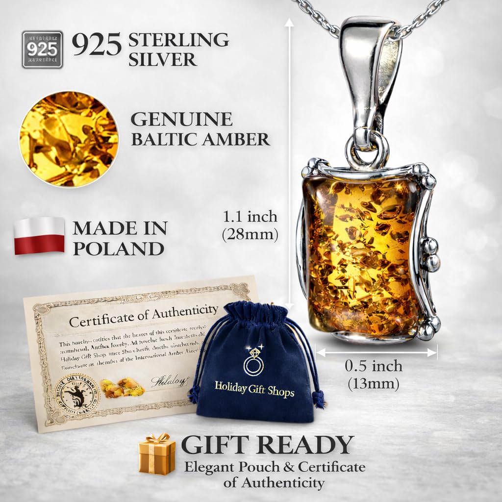 Joyería de ámbar para mujer, colgante rectangular de ámbar de miel báltica, incluye cadena de plata de ley 925, colección de joyas de plata de ley, fabricado en Polonia, piedra preciosa, ámbar, Gema,