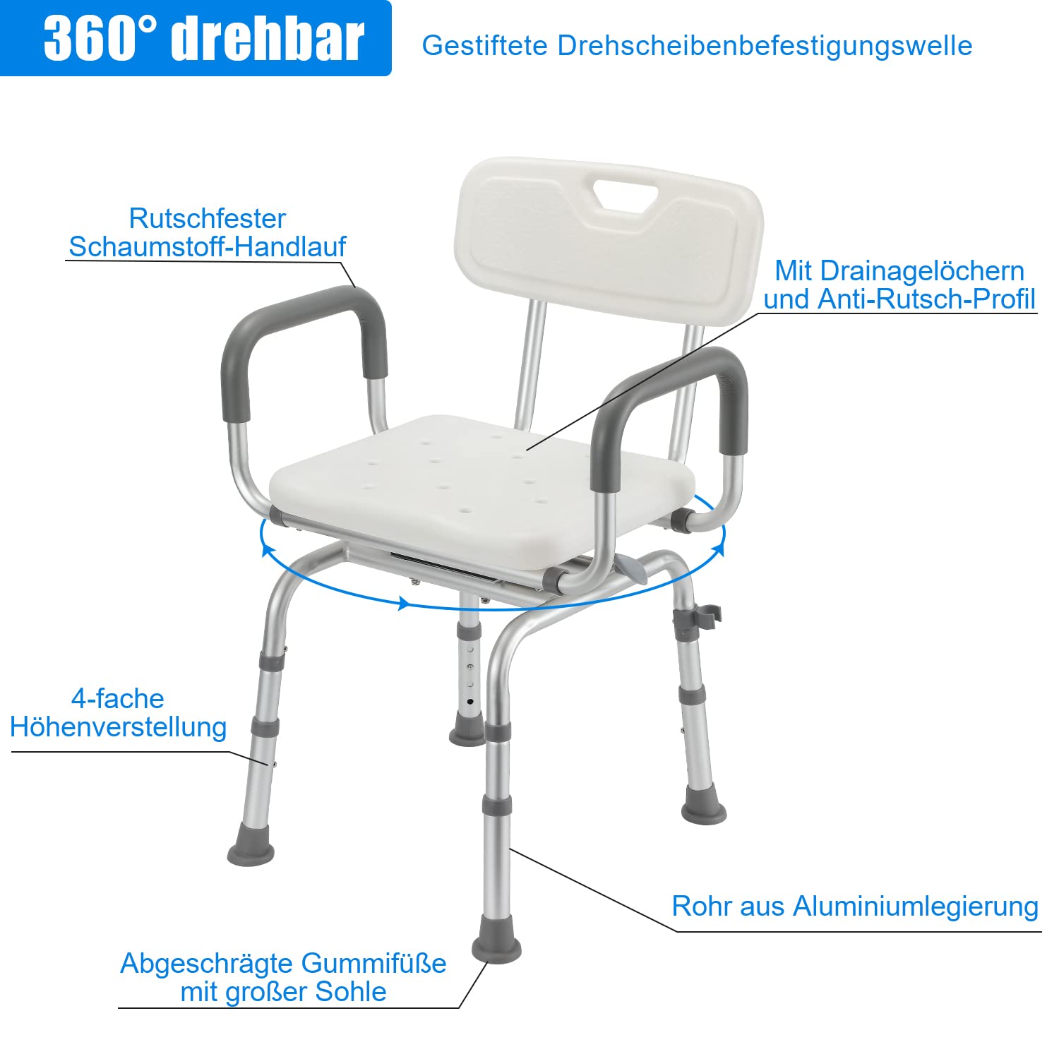 Obrotowe krzesło prysznicowe o 360° dla seniorów, taboret prysznicowy z podłokietnikami i oparciem dla seniorów, taboret łazienkowy 100 kg, siedzisko prysznicowe 36-52 cm, regulacja wysokości