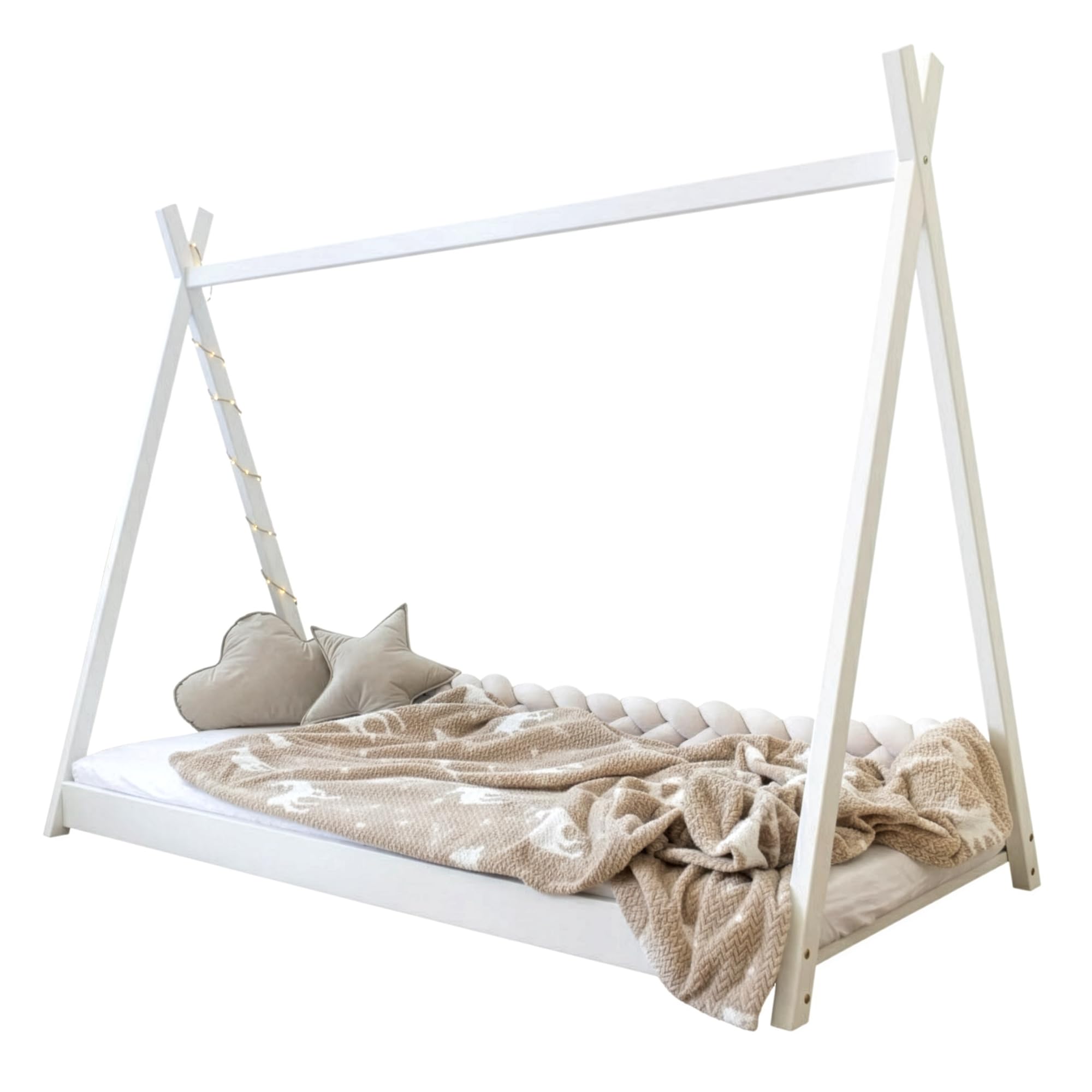 Łóżko dziecięce, młodzieżowe Tipi 90x200 cm w kształcie namiotu | Drewno sosnowe | Montessori | Dla chłopców i dziewczynek | do zabawy, czytania i przytulania - Białe