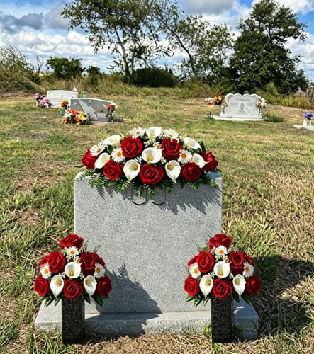 Artificial Roses Calla Lily Daisy Cemetery Flowers Outdoor Grave Decorations - Saddle Arrangement for Headstone,Outdoor Tombstone Memorial Decorations, Easy Fit (Red White) image 5