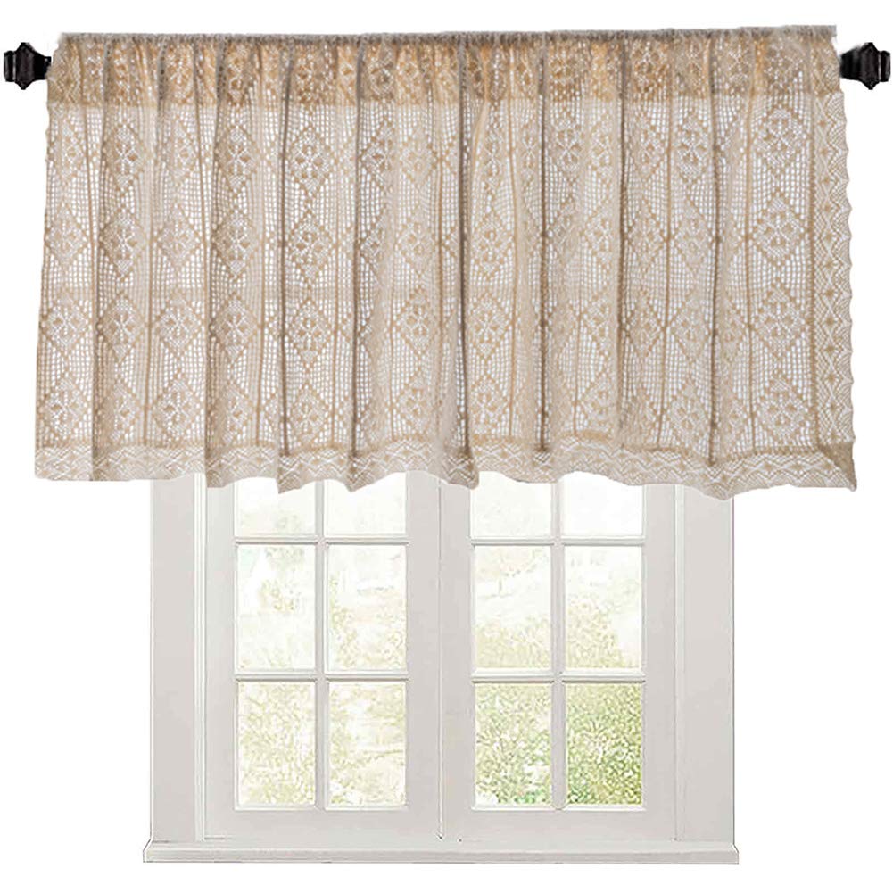 SERENEPEAK Short Curtains, Bohemian Hand-Woven Window Curtain Valance, Beige Lace Geometric Short Window Curtain, Window Treatment Half Curtain(W110xH60cm/W43.3xH23.6inch)