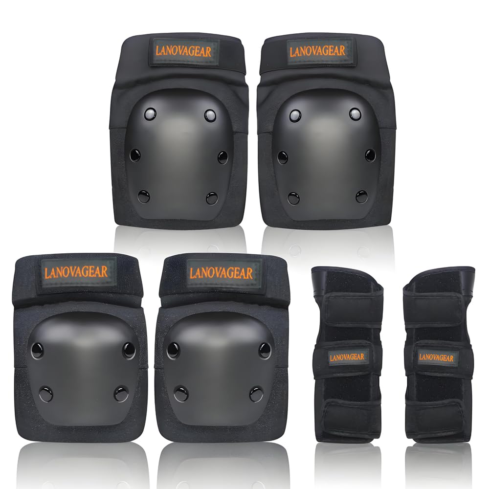 LANOVAGEAR Knee Elbow Pads with Wrist Guard Adjustable Toddler to Adult 6PCS Protective Gear Set for Multi Sports Cycling Bicycle Skateboarding