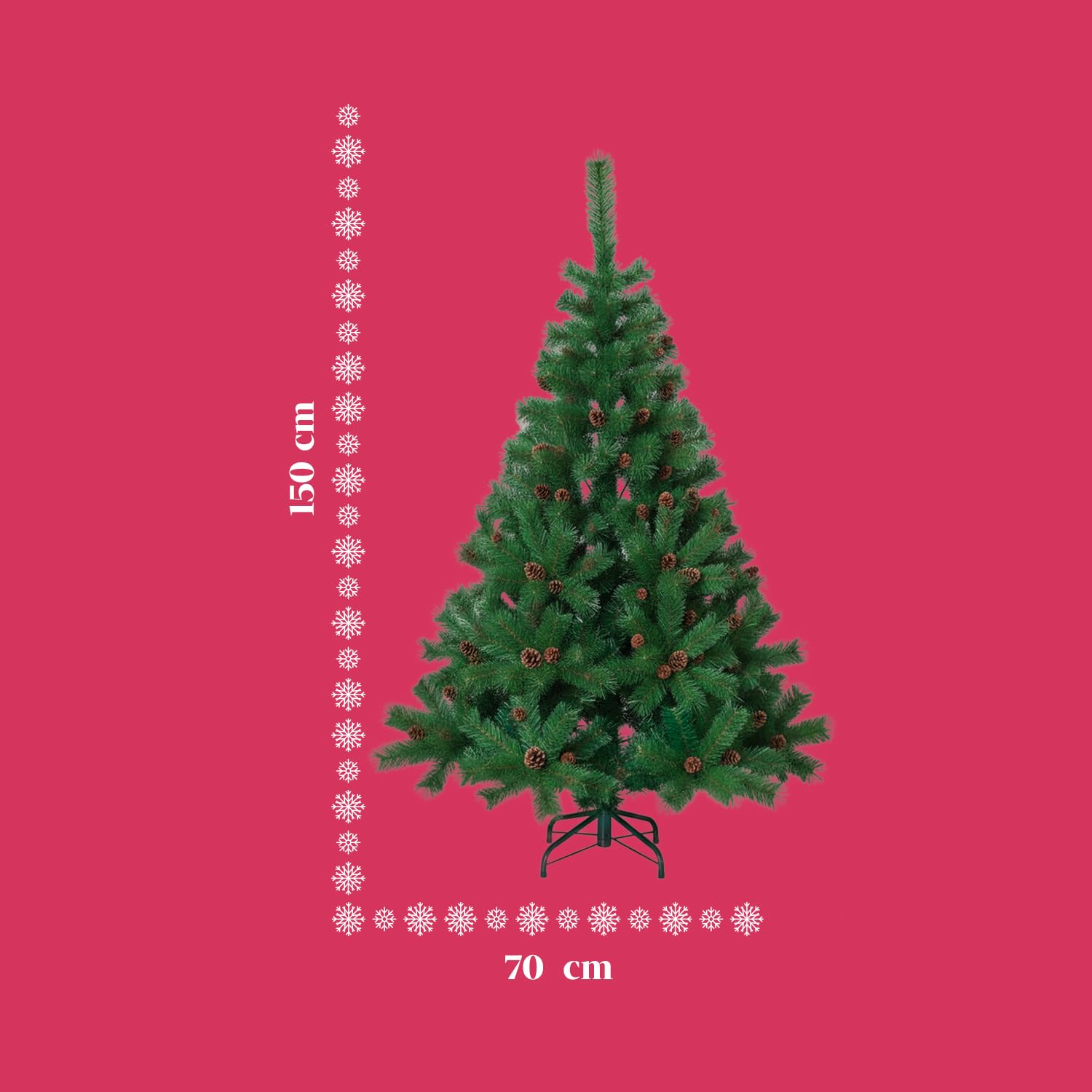 Albero di Natale Artificiale con Pigne da 150 cm con 438 rami. Perfetto per Interni, Pronto per Essere Decorato con Luci e Ornamenti Natalizi con Base in Metallo e Innesto Facile Ø 70 cm