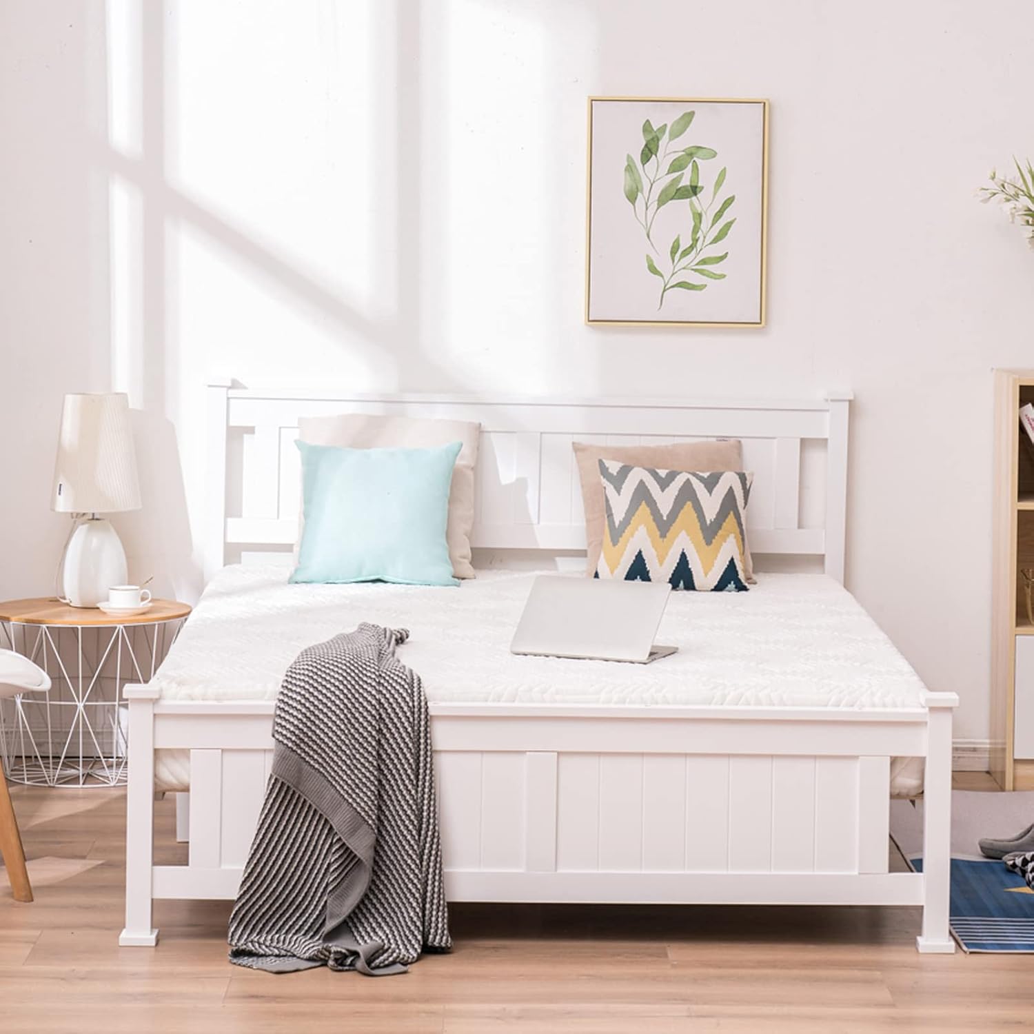 Wood Queen Bed Platform with Headboard Cap Vertical Slat