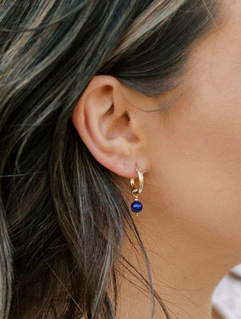 Lapis Lazuli Earrings - Hoop Earrings for Women - Royal Blue Dangle Earrings - Hoops with Charms - Sterling Silver or 14k Gold Filled