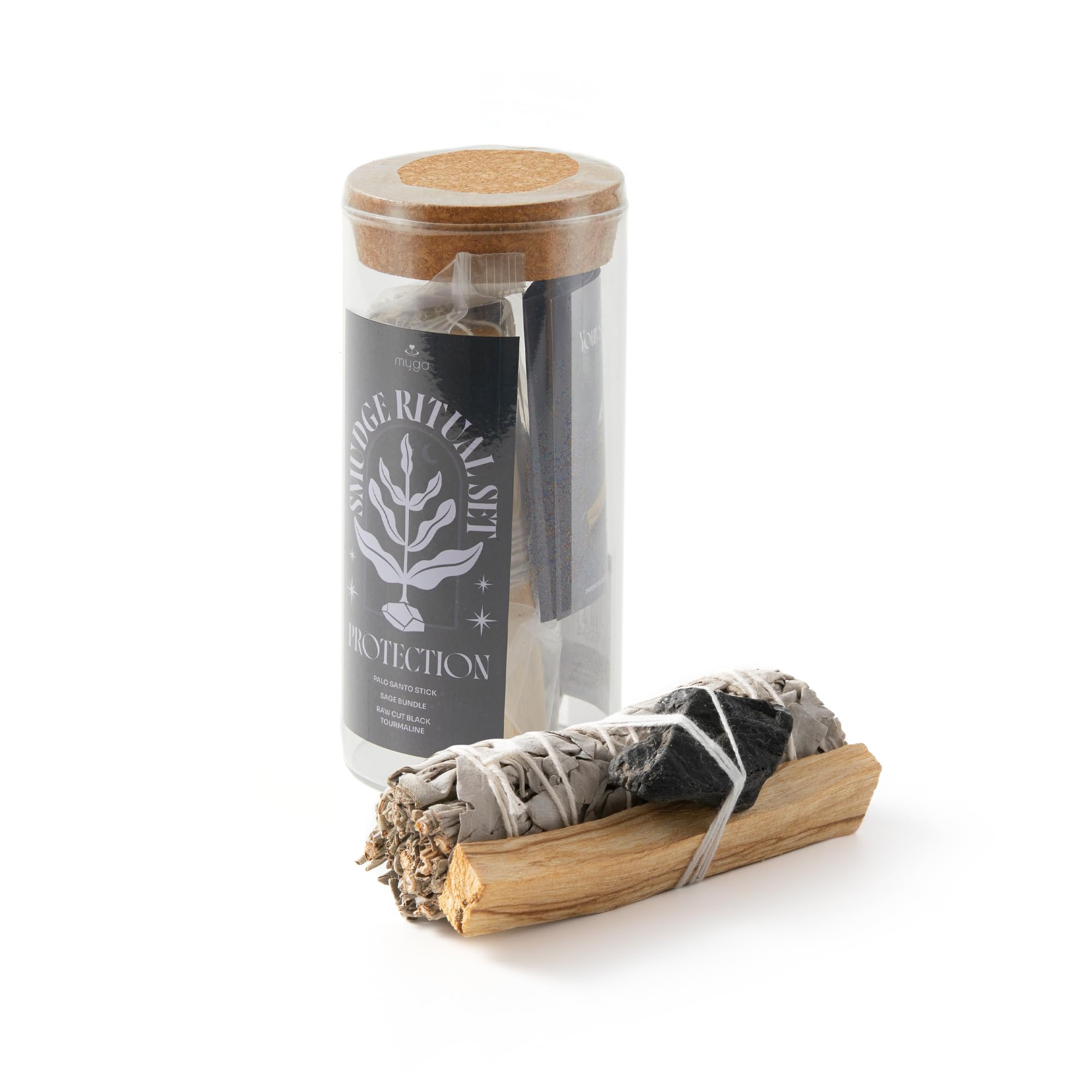 Myga Smudge Stick Kit - Palo Santo & Sage Bundle with Healing Crystal - Cleansing Kit for Home, Meditation, Spiritual Rituals for Men & Women - Tourmaline, Quartz or Rose Quartz (Black Tourmaline)