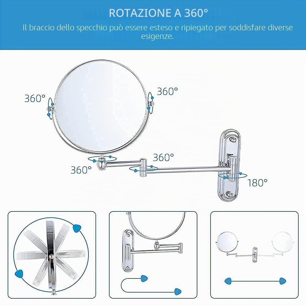 DOWRY Specchio Trucco da Parete Specchio Estensibile da Bagno Specchio Ingranditore da Parete 7x Rotazione a 360° Bifacciale Specchio Cromo Specchio da Barba,Diametro 8 Pollici