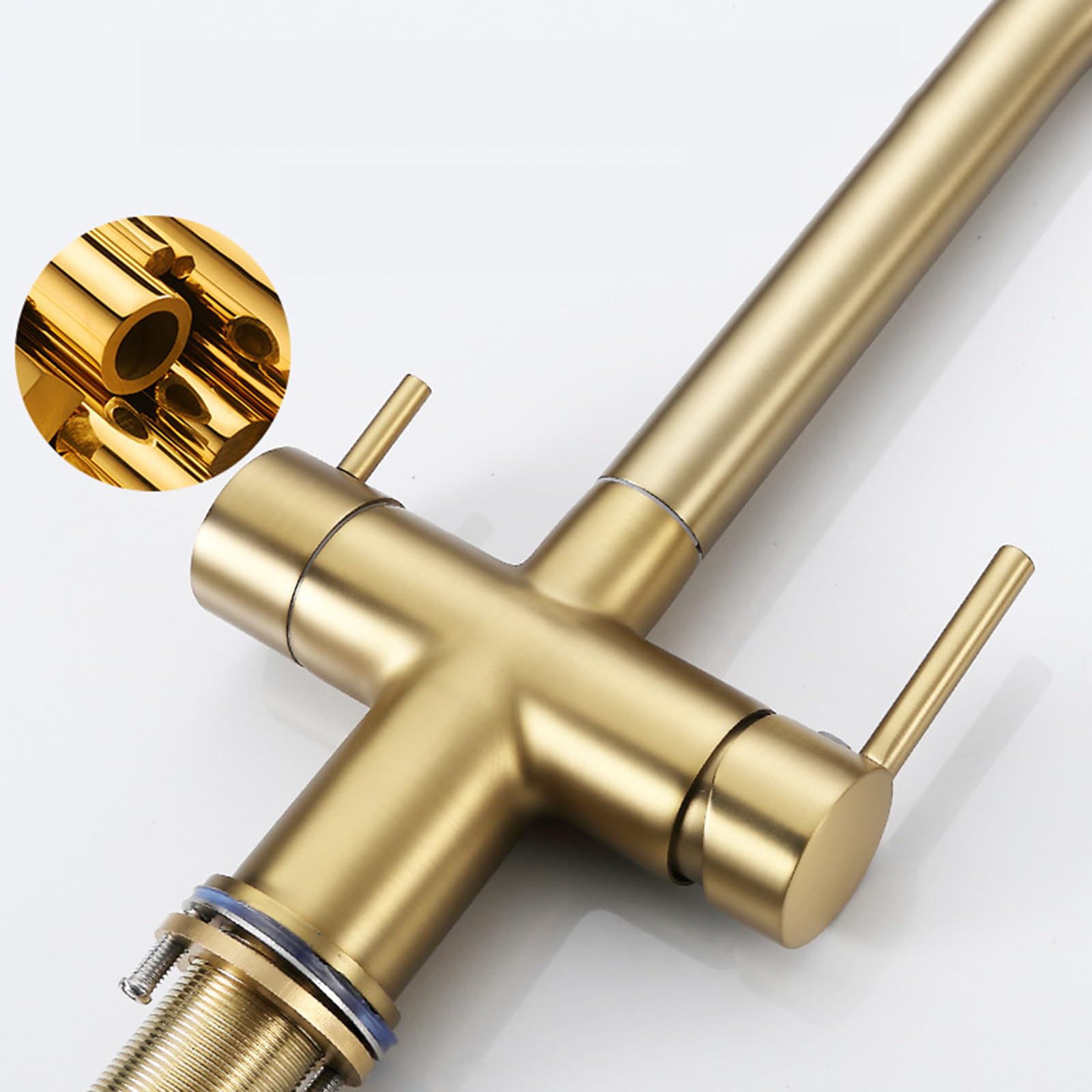 Grifo Cocina Tres Vias Extraible Oro Cepillado Giratorio a 360° Latón Grifo Fregadero 3 Vias Osmosis-Oro Cepillado