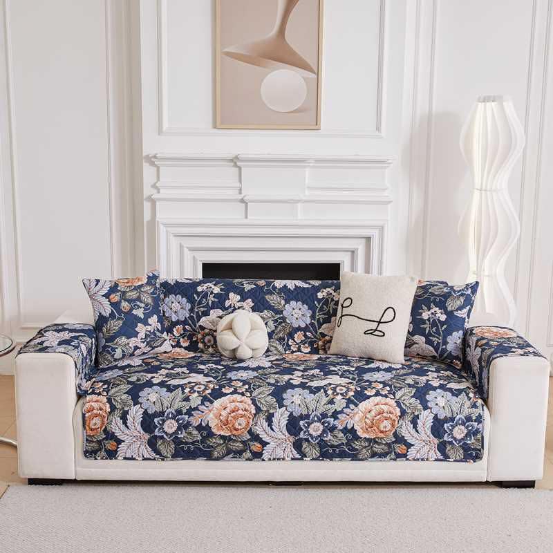Image of HOMETHREADS Premium Style Anti Slip Sofa Cover Set | Cotton Sofa Slipcover | 1Pc Front Cover with Attached Armrest + 1Pc Back Cover (Rose Blue, 1 Seater | 63x185cm)