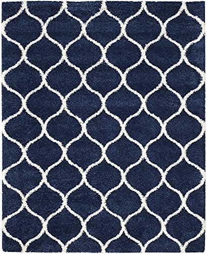 Image of Handwoven Microfibre 3D Rug for Living Room (Navy Blue & Ivory Moroccan, 8 X 10 Feet, Microfibre)