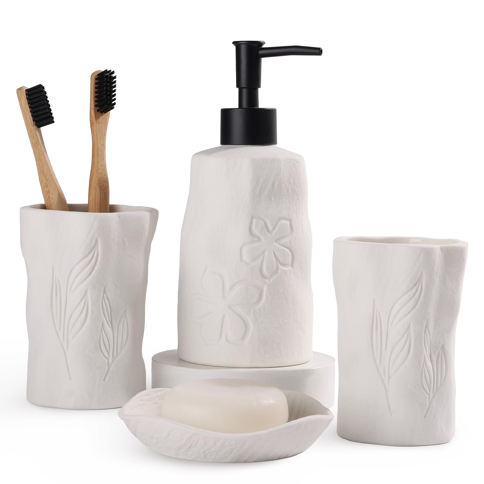 Lot 4 Accessoires Salle De Bain Céramique Blanc Mat Autumnlife – Distributeur, Porte-Savon & Brosse