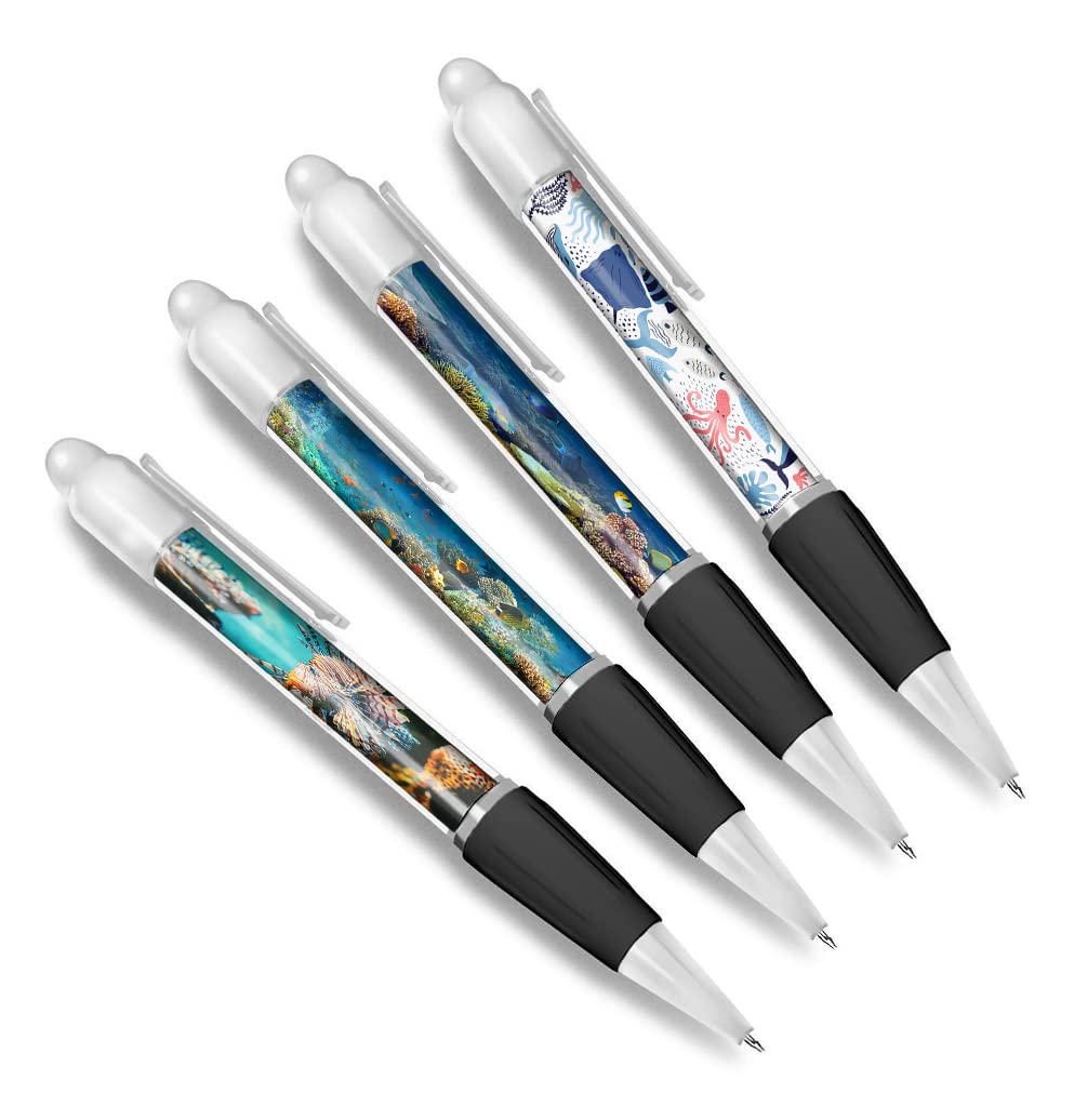 Set of 4 Tropical Fish White Ballpoint Pens - Underwater Dolphin Octopus Ocean Friends Boys Girls Men Women Theme Pen #79341