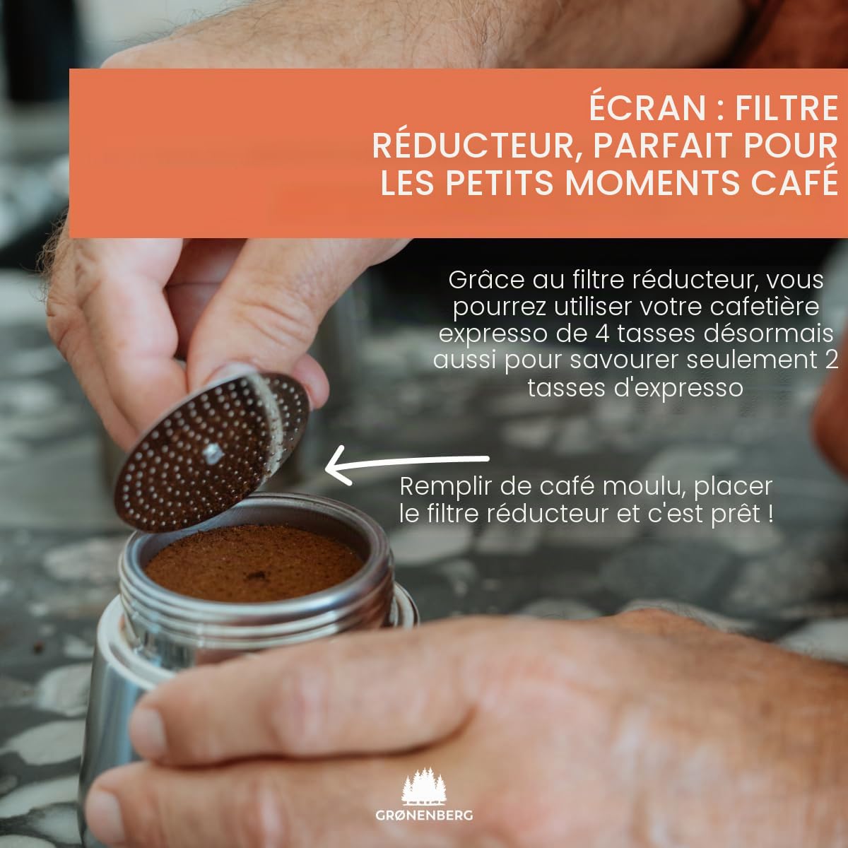 Groenenberg Promo Pack 4 | Cafetiere italienne (acier inox) 4 tasses (200ml) + Moulin à café manuel | Moka induction + filtre réducteur