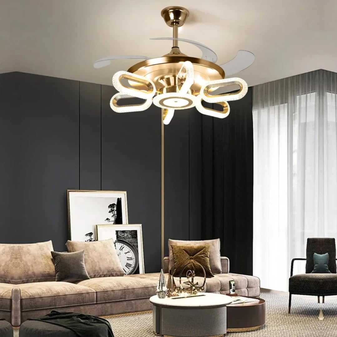 Harold Electricals Crystal Wormhole Chandelier Ceiling Fan with Remote Control, French Gold LED Pendant Light for Living Room, Bedroom & Hall (6 Lights)-image-11