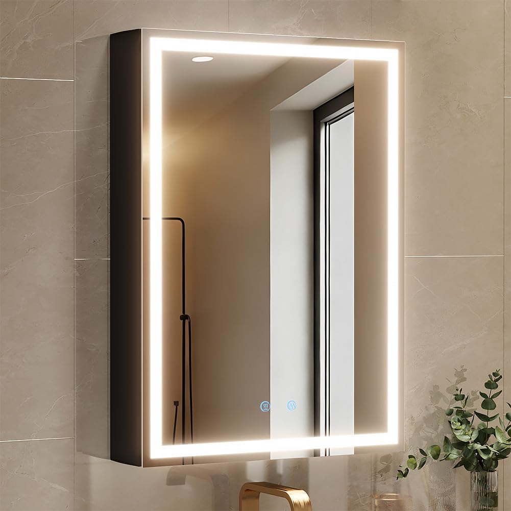 Armoire à Pharmacie Miroir LED modulaire Avec Cadre en Aluminium Anti-buée, éclairage réglable, Prises intégrées et Ports USB – à Fixer au Mur (20x28 Armario con bisagra Derecha LED)
