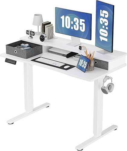 Sweetcrispy Escritorio eléctrico de pie con doble cajón, escritorio de altura ajustable de 48 x 24 pulgadas, escritorio de pie con estante de