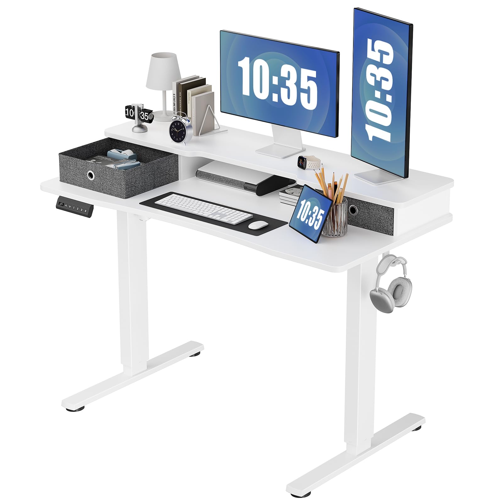 Sweetcrispy Electric Standing Desk with Double Drawer - 48 x 24 inch Adjustable Height Sit to Stand Up Desk with Storage Shelf, Rising Home Office Computer Table with Splice Board