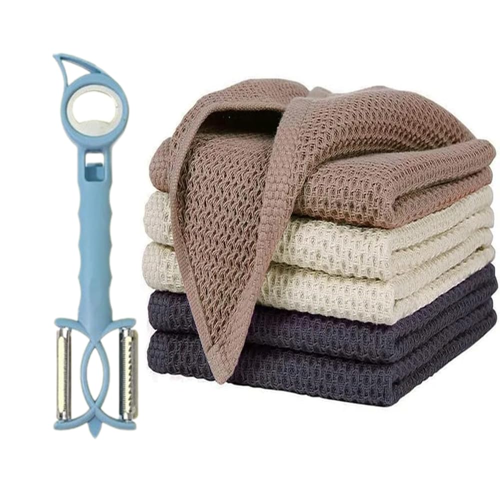 Shab ShineKitchen Towels 100% Cotton Waffle Weave Kitchen Dish Cloths,Premium Quality Absorbant Tea Towels Set, Pack Of 4 (34 * 34CM) With A Multipurpose Peeler-Bottle Opener.