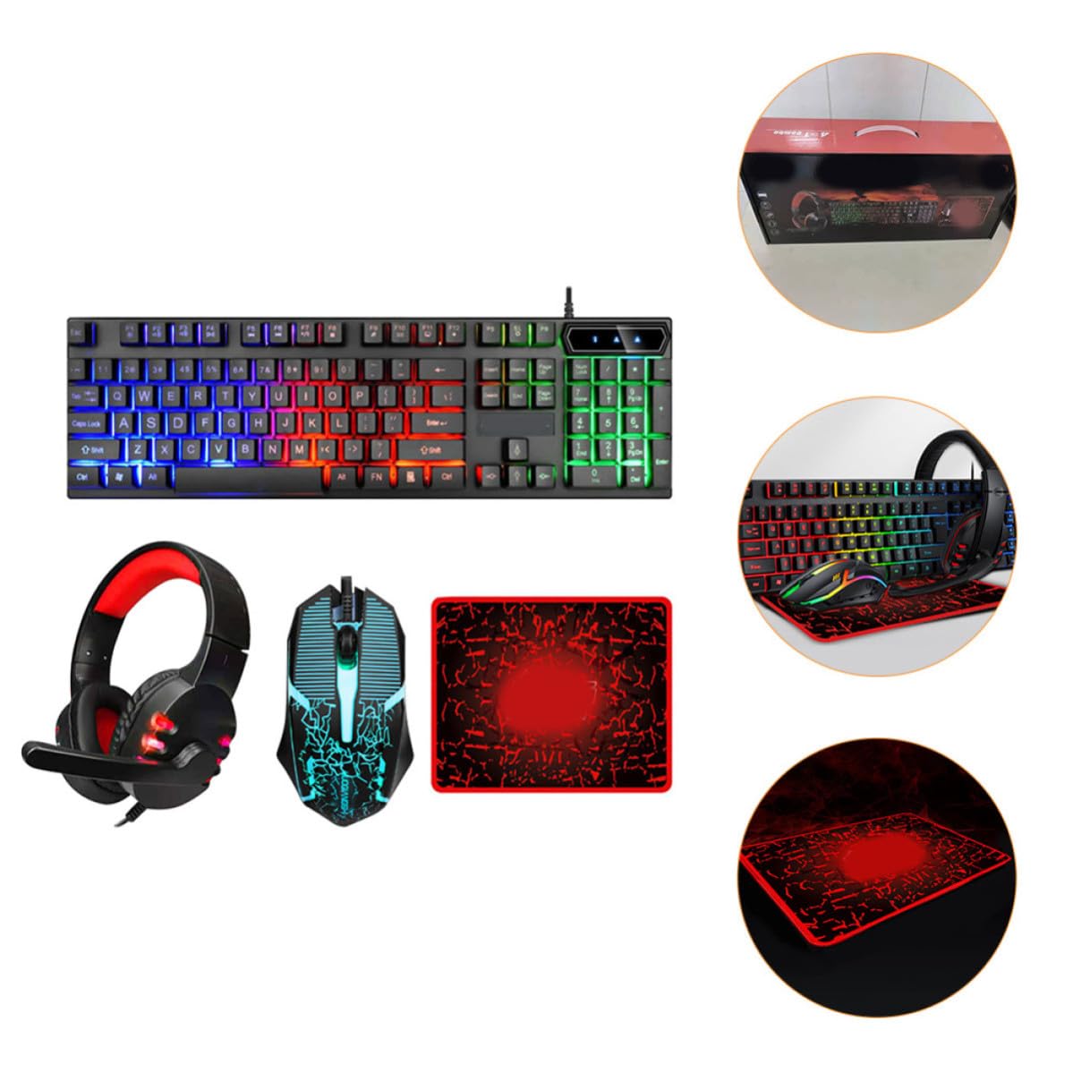 Set Tastiera e Mouse USB 2.0 Ergonomico Cuffie e Mousepad, Design in Abs Nero 104 Tasti e 4 Pulsanti, Facile da Installare per Ufficio e Gaming