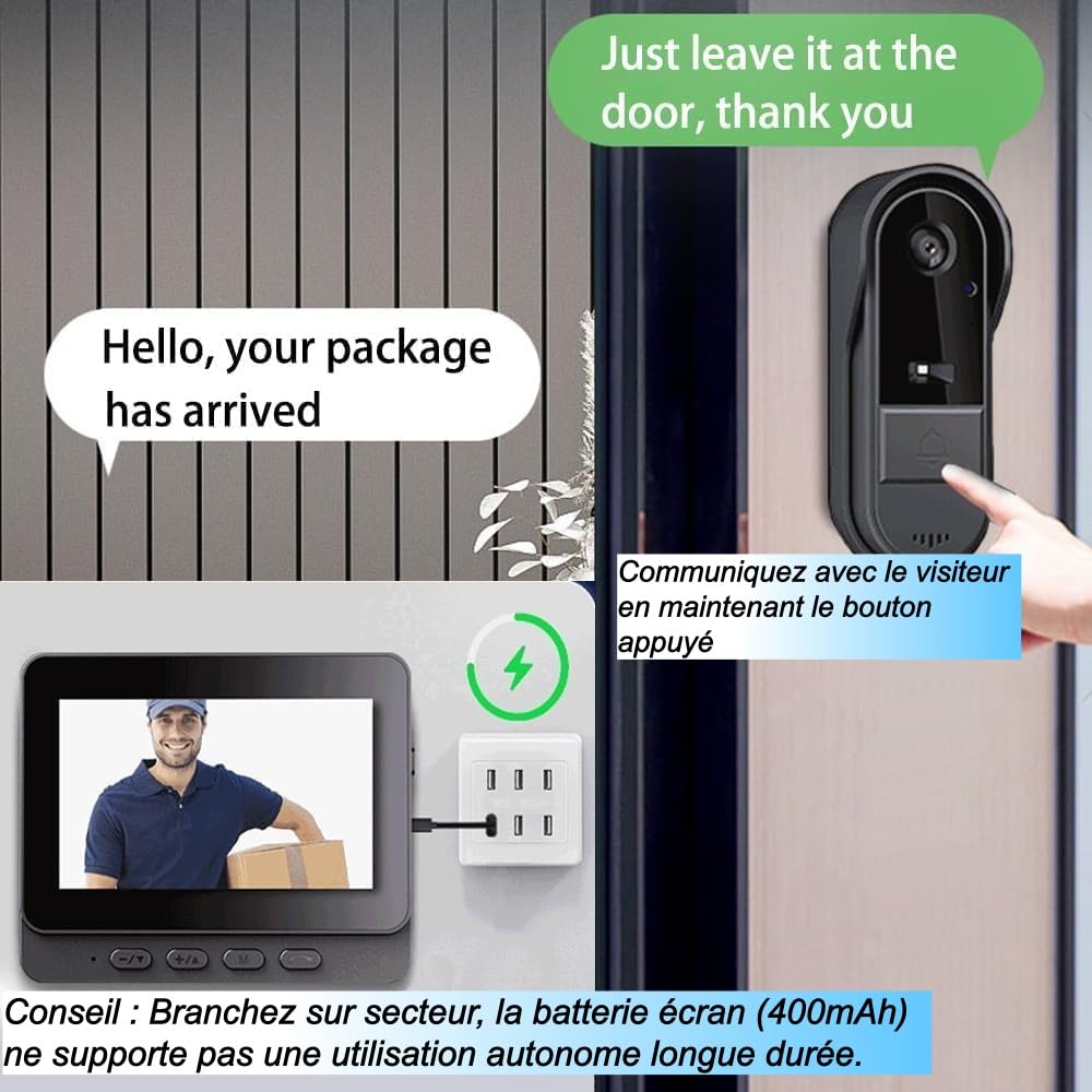 Zeerkeer Sonnette Vidéo sans Fil avec Écran 4.3", Visiophone Extérieur Connecté WiFi 2.4GHz, Portier Vidéo 1080P HD, Grand Angle 170°, Vision Nocturne, Étanche IP65, Notifications pour Maison