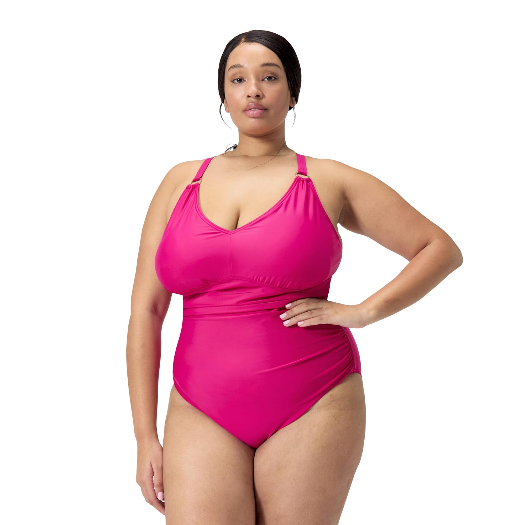 Speedo Women's Shaping V-Neck Plus 1 Piece Swimsuit in Pink