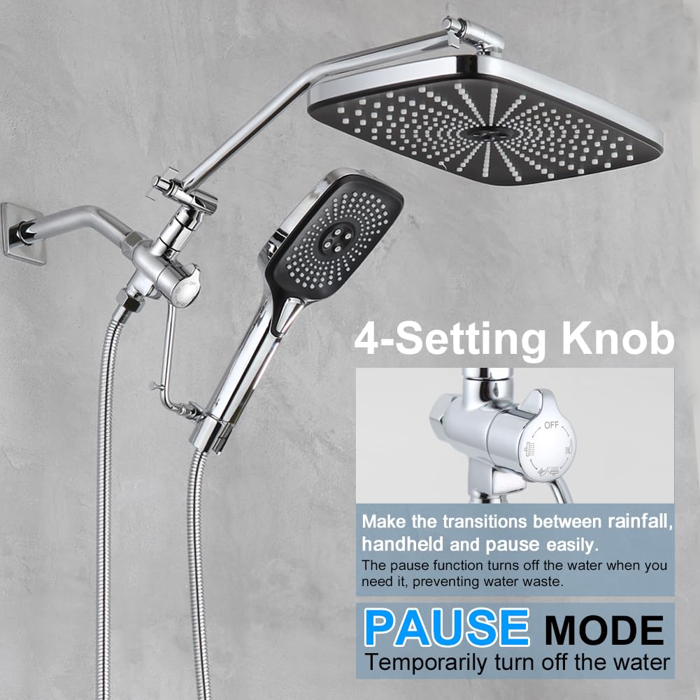 CyberWater - Cabezal de ducha de 12 pulgadas con rociador de mano, modo de lavado a presión integrado, desviador de 3 vías con ajuste de pausa, brazo de ducha de extensión ajustable,