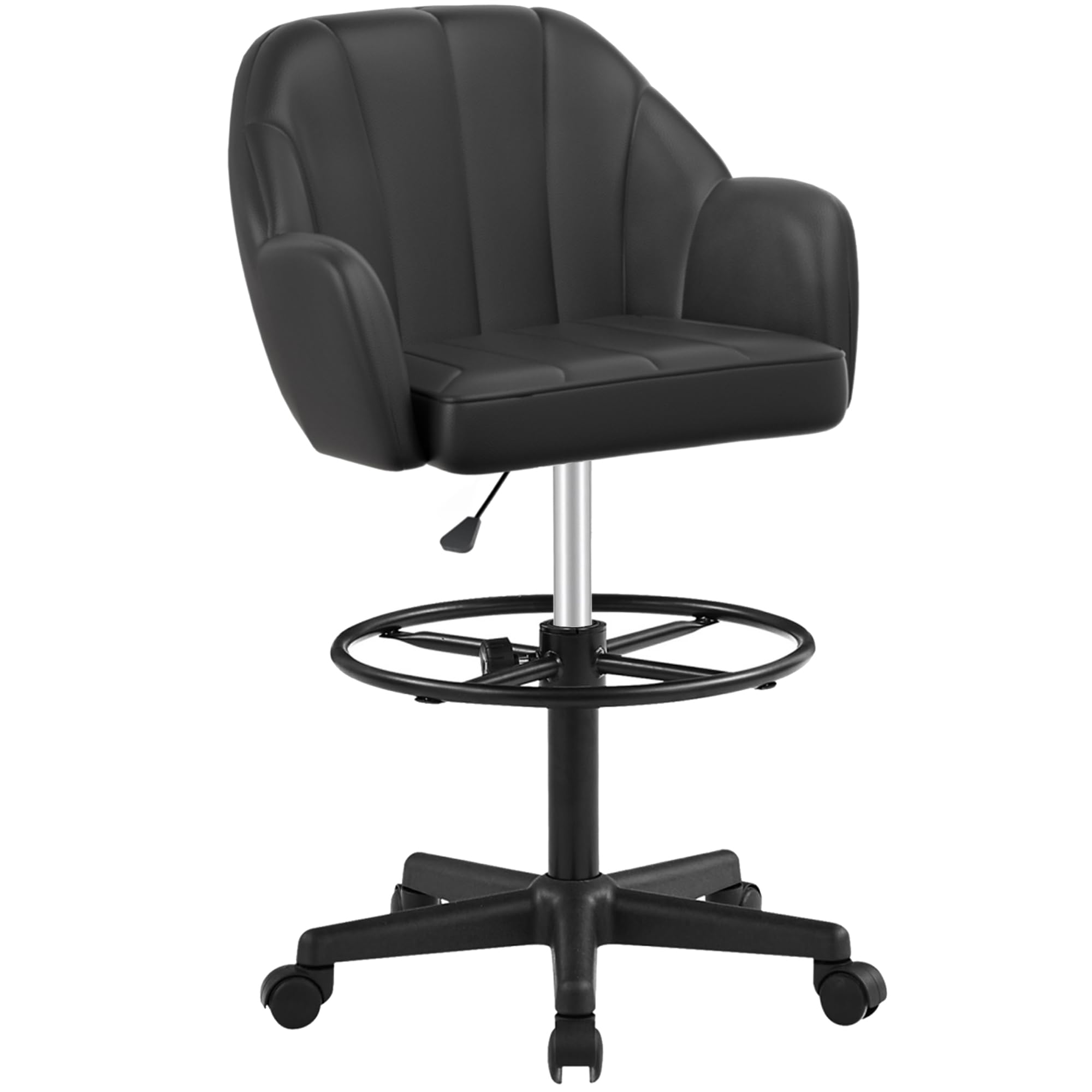 VECELO Drafting Chair with Adjustable Height PU Swivel Stool with Lumbar Support and Footrest for Standing Desk Bedroom Vanity Office Living Computer Room, Black