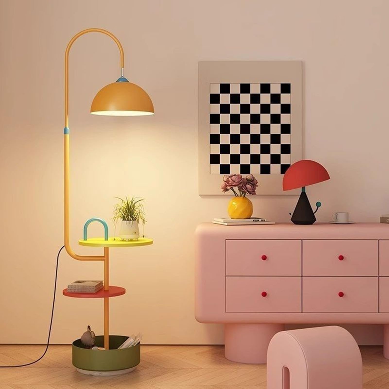 Colorful Dopamine Style Floor Lamp with Storage Shelves, 3-Tier Tall Standing Lamp 3 Colour Temperatures Wrought Iron Lampshade for Living Room Bedroom Children's Room