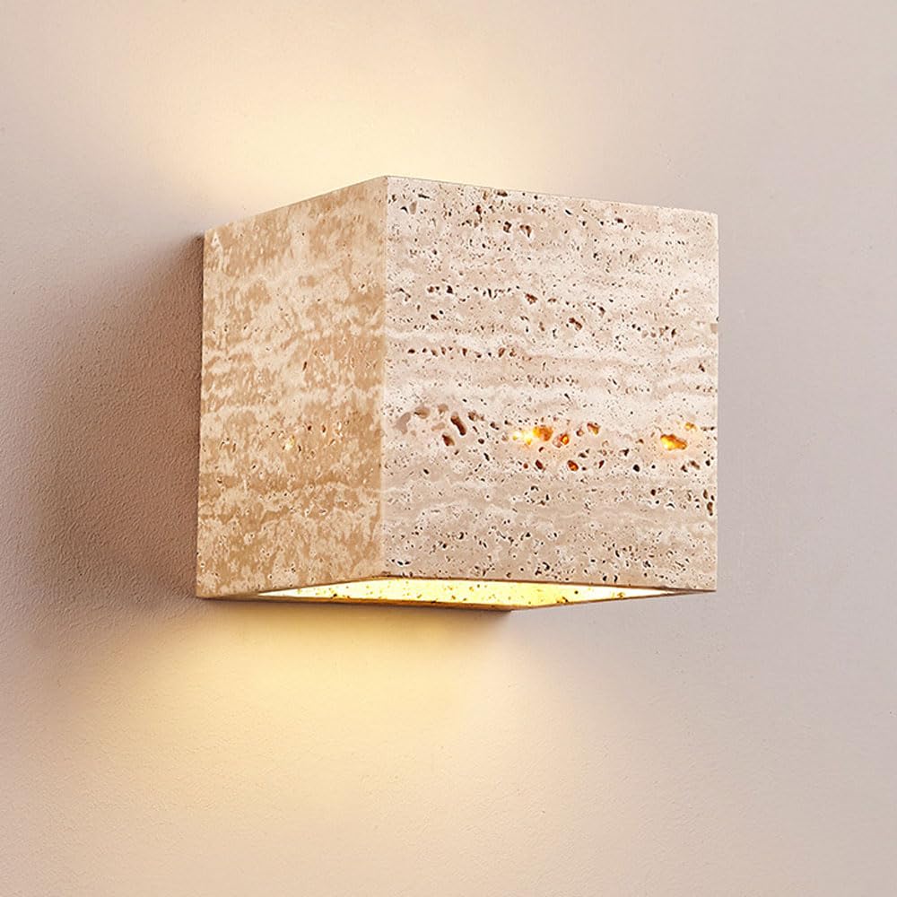 SSBHDM LED Light Source Natural Stone Wall Light, Minimalist Square Yellow Travertine Wall Sconce, Industrial Style Wall Lamp, Living Room Corridor Staircase Decoration Light Fixtures