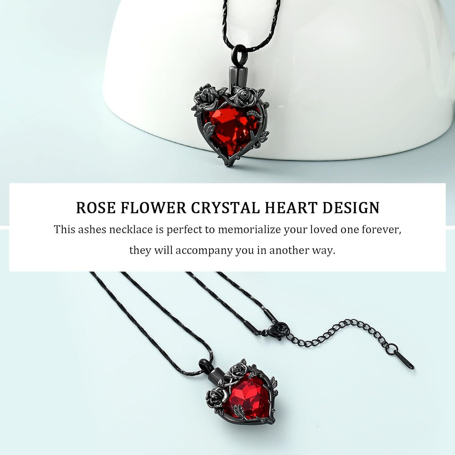 Cremation Urn Necklace for Ashes Cremation Jewelry Rose Flower with Heart Crystal Urn Pendant Keepsake Memorial Jewelry for Women Girls - Image 5